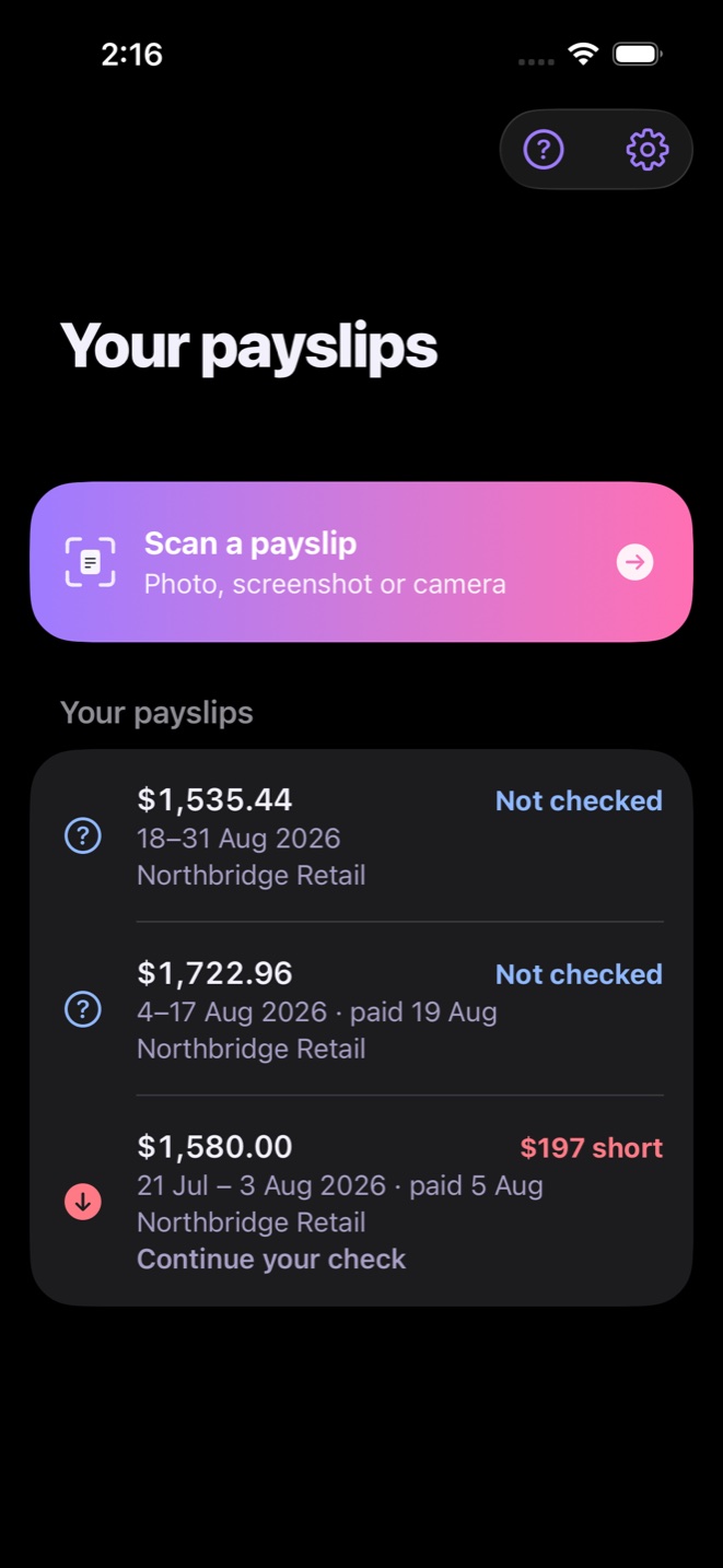 PayCheckup listing three payslips, the most recent flagged as $197 short