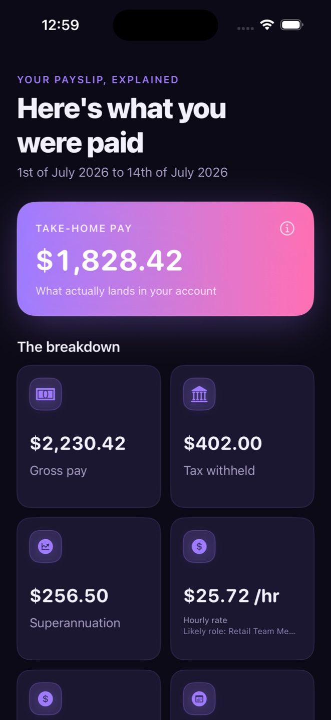 PayCheckup explaining a payslip in plain English &mdash; take-home pay, gross pay, tax withheld, superannuation and the hourly rate