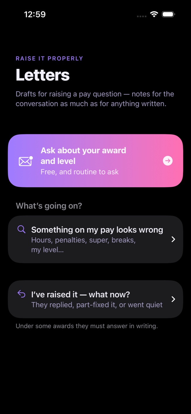 PayCheckup&rsquo;s letters screen, offering a free letter asking your employer to confirm your award and level