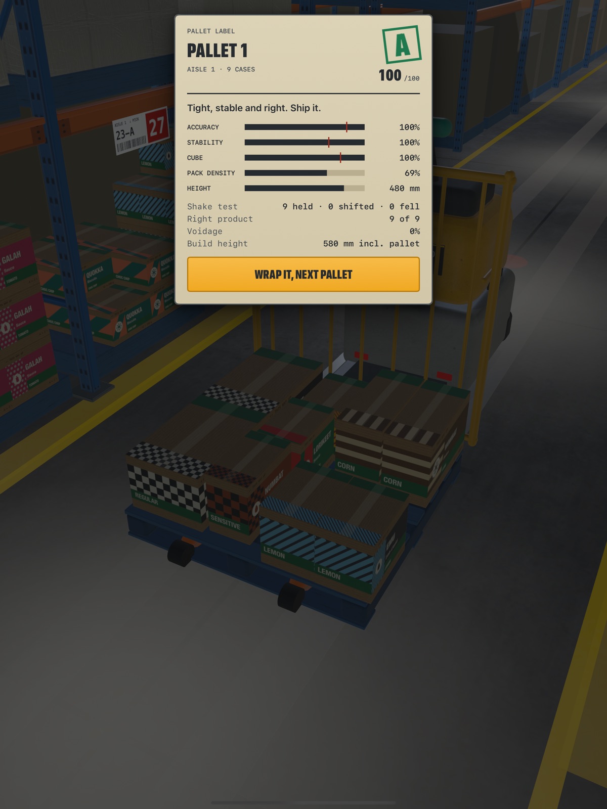 A pallet of nine cases graded A, 100 out of 100, with the note &ldquo;Tight, stable and right. Ship it.&rdquo; and bars for accuracy, stability, cube and height