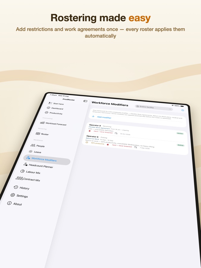 ProdRoster workforce modifiers — restrictions applied to every roster automatically
