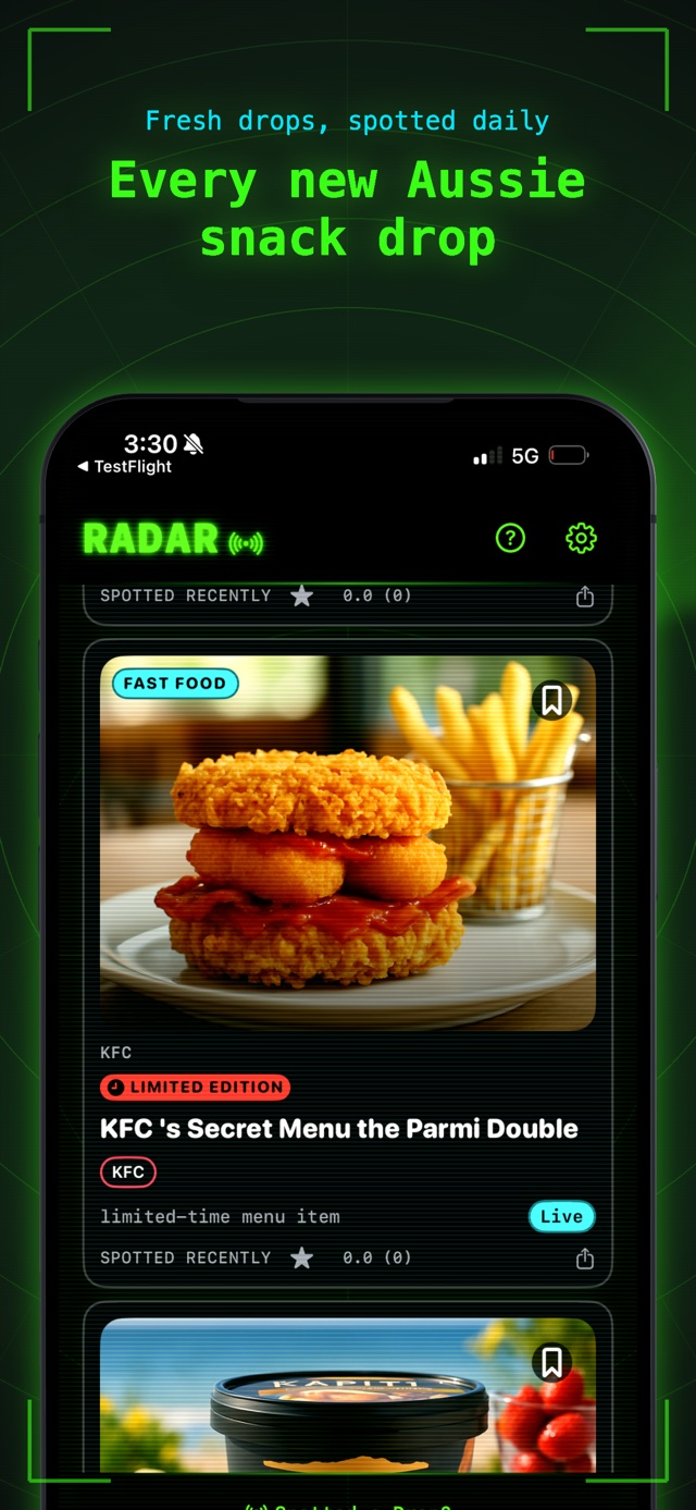 SnackRadar radar feed showing the week's new snack drops