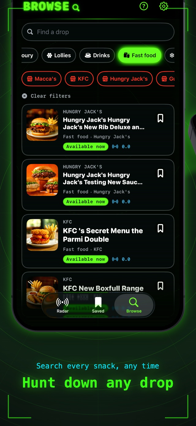 Browse and search every snack and fast-food drop any time