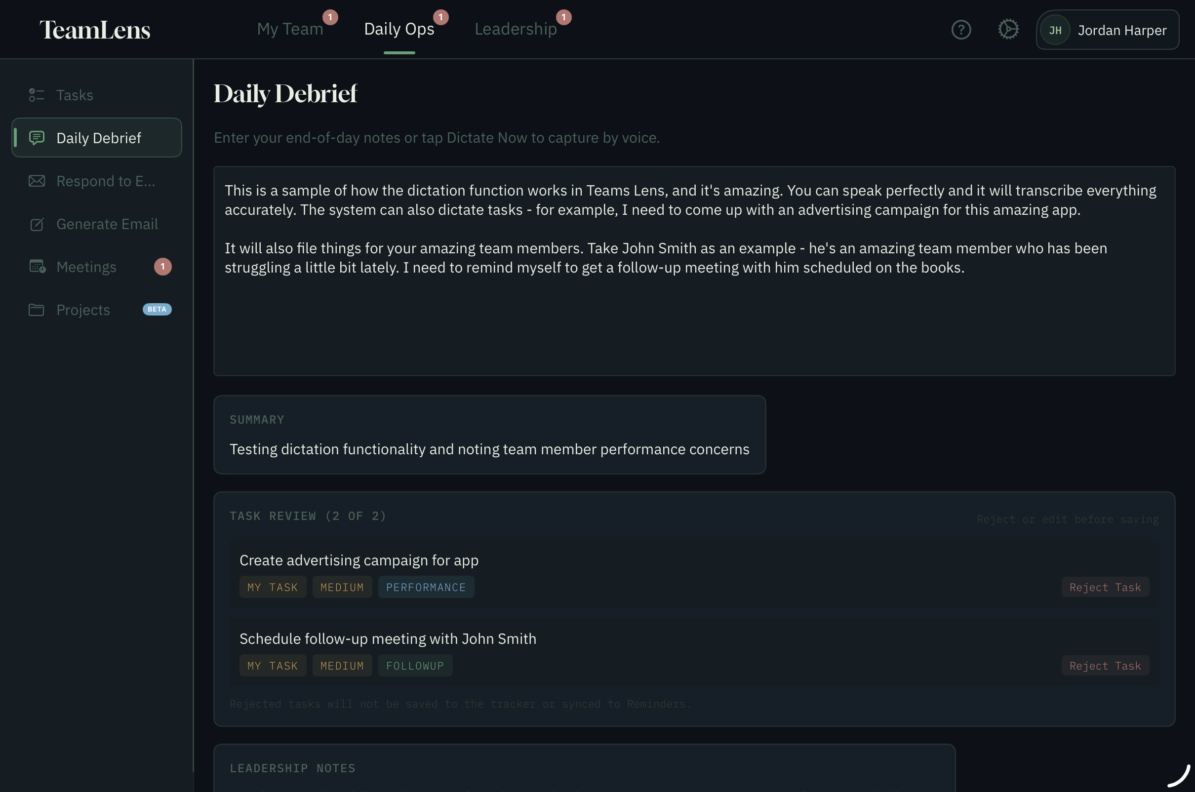 TeamLens team member profile with observations and context