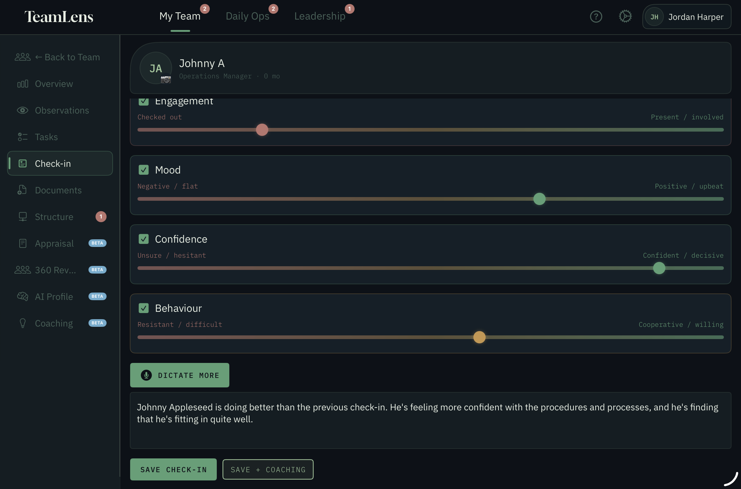TeamLens tasks and follow-through tracking